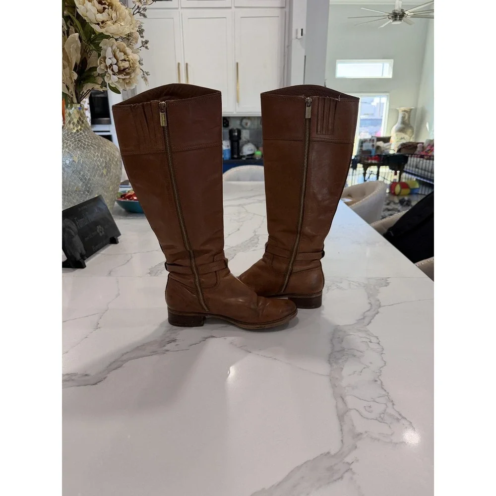 Michael Kors Boots Womens Brown Leather Riding Knee High Tall Logo‎ Zip Buckle